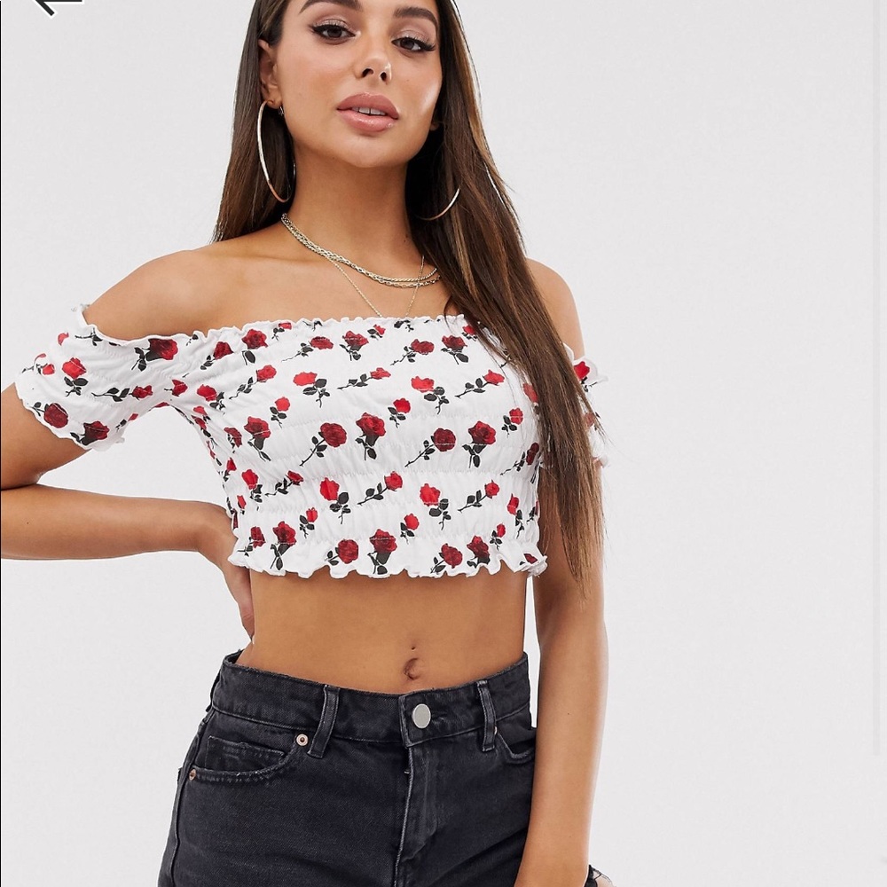 Bardot off shoulder crop top, rose print, size M